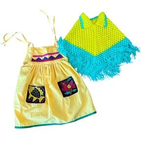 Handmade girls Yellow tunic Dress with Fish Pockets and Crochet Poncho